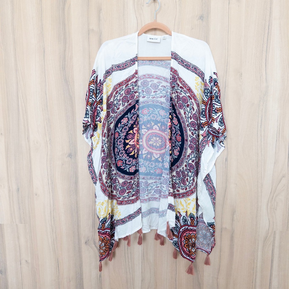 Womens‎ Kimono OS White Multicolor Mandala Print Tassel Open Front Boho Festival